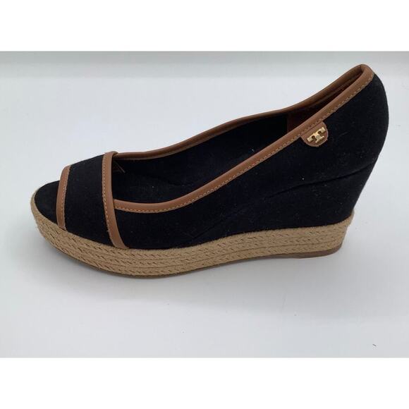 Tory Burch Black Wedges With Brown Details Woven Platform Size 38 1/2 - Picture 6 of 7